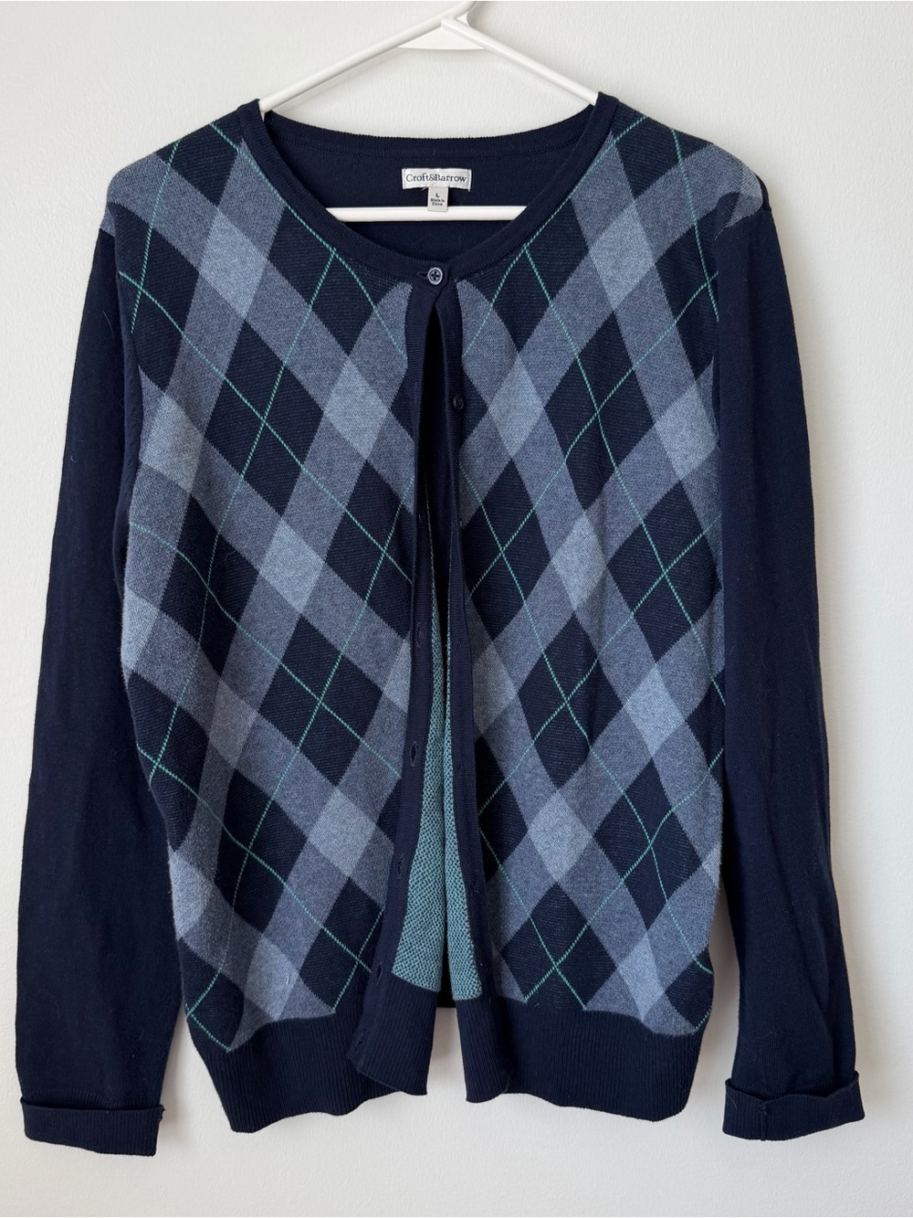 croft & barrow Navy Argyle Cardigan with Teal Stitching